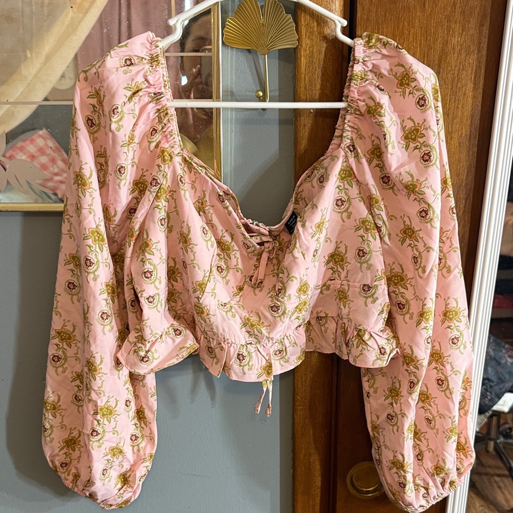 SHEIN Pink Floral Peasant Blouse with Green Accents